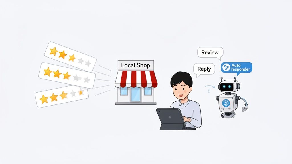A local shop receives customer reviews, while a person uses a laptop, and an auto-responder robot replies.