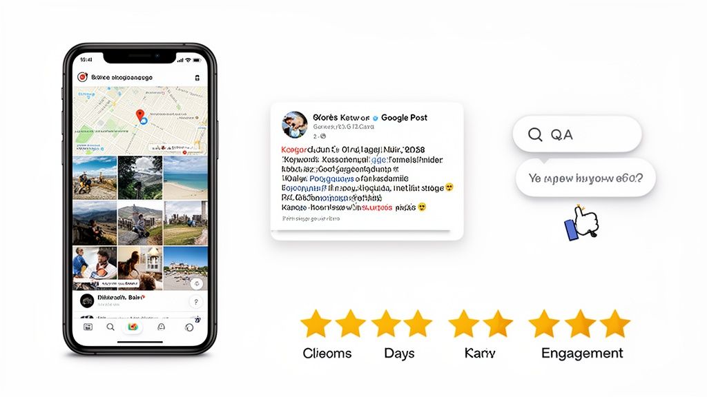 A smartphone displays a map and photo grid, alongside a social media post, QA bubbles, thumbs-up, and star ratings.
