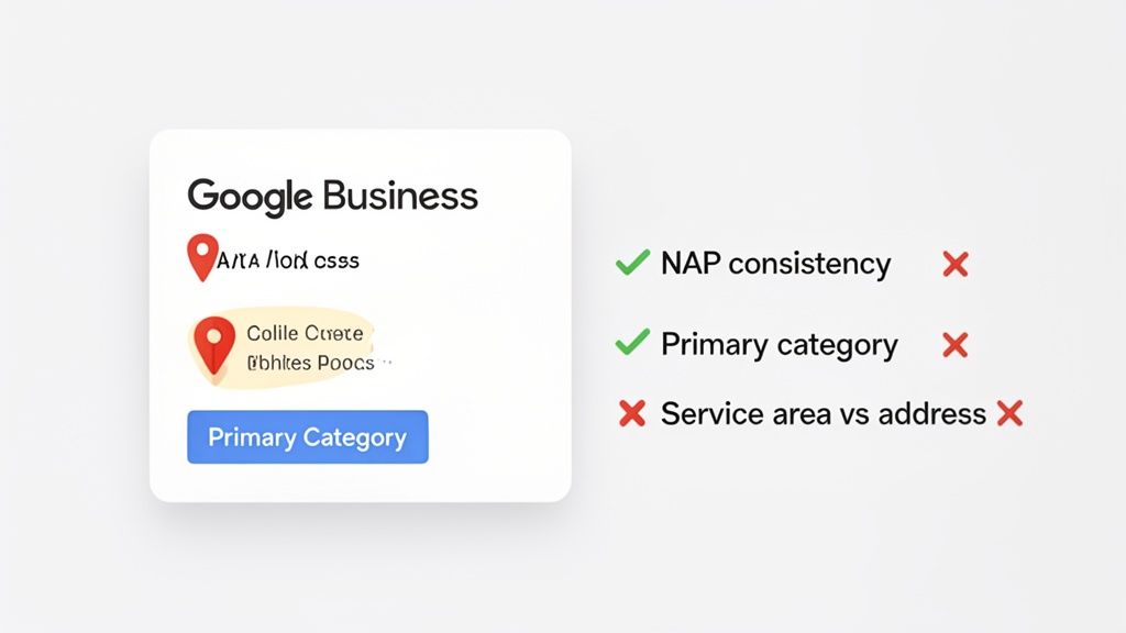 A Google Business Profile card featuring location pins, a 'Primary Category' button, and a checklist of SEO factors.