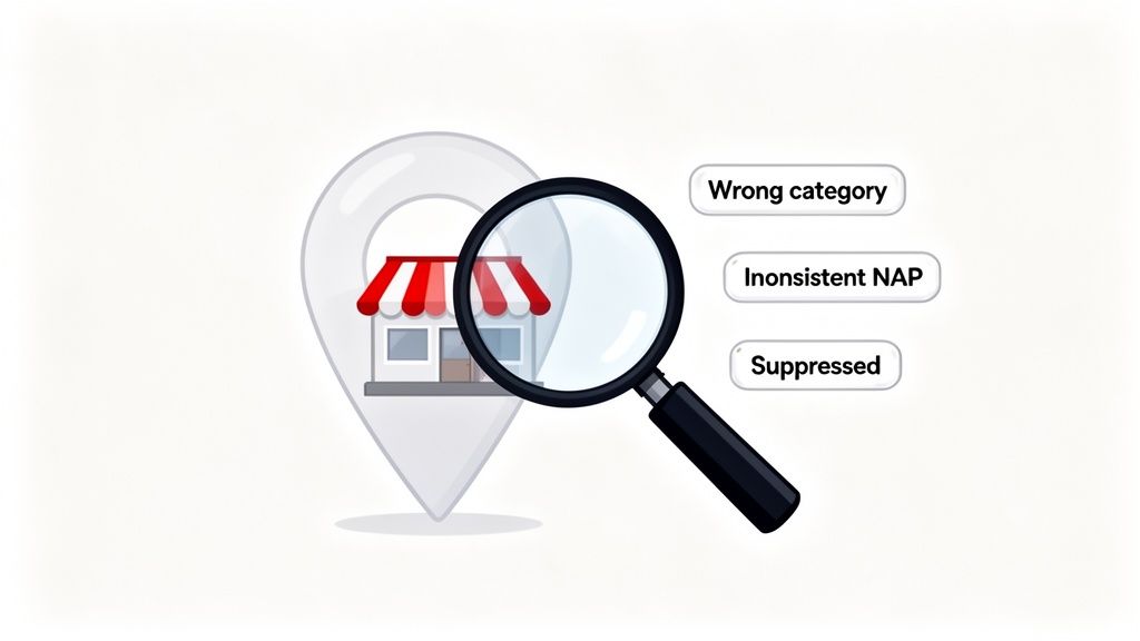 Magnifying glass examining a store location on a map pin, highlighting local SEO issues like wrong category, inconsistent NAP, and suppressed listings.