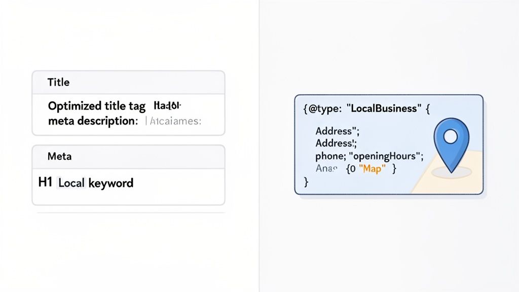 Infographic showing local SEO optimization with title, meta description, H1 keyword, and LocalBusiness schema.