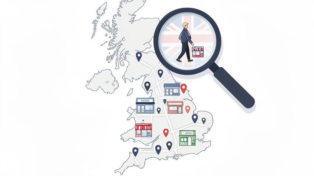 Illustration of UK map with a magnifying glass highlighting local shoppers and store locations.
