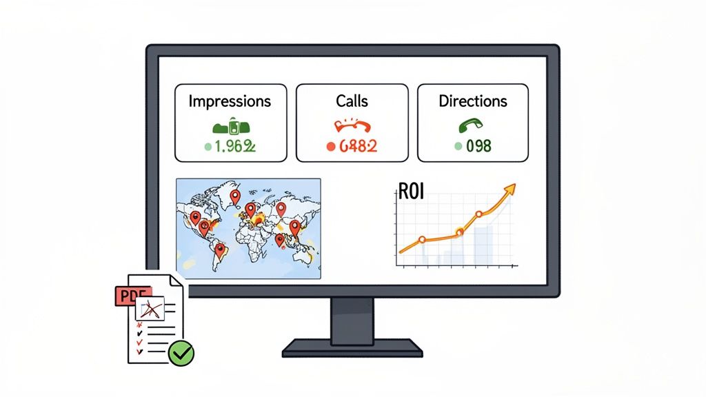 A monitor displays a business analytics dashboard with impressions, calls, directions, a world map, and an ROI graph, plus a PDF report.