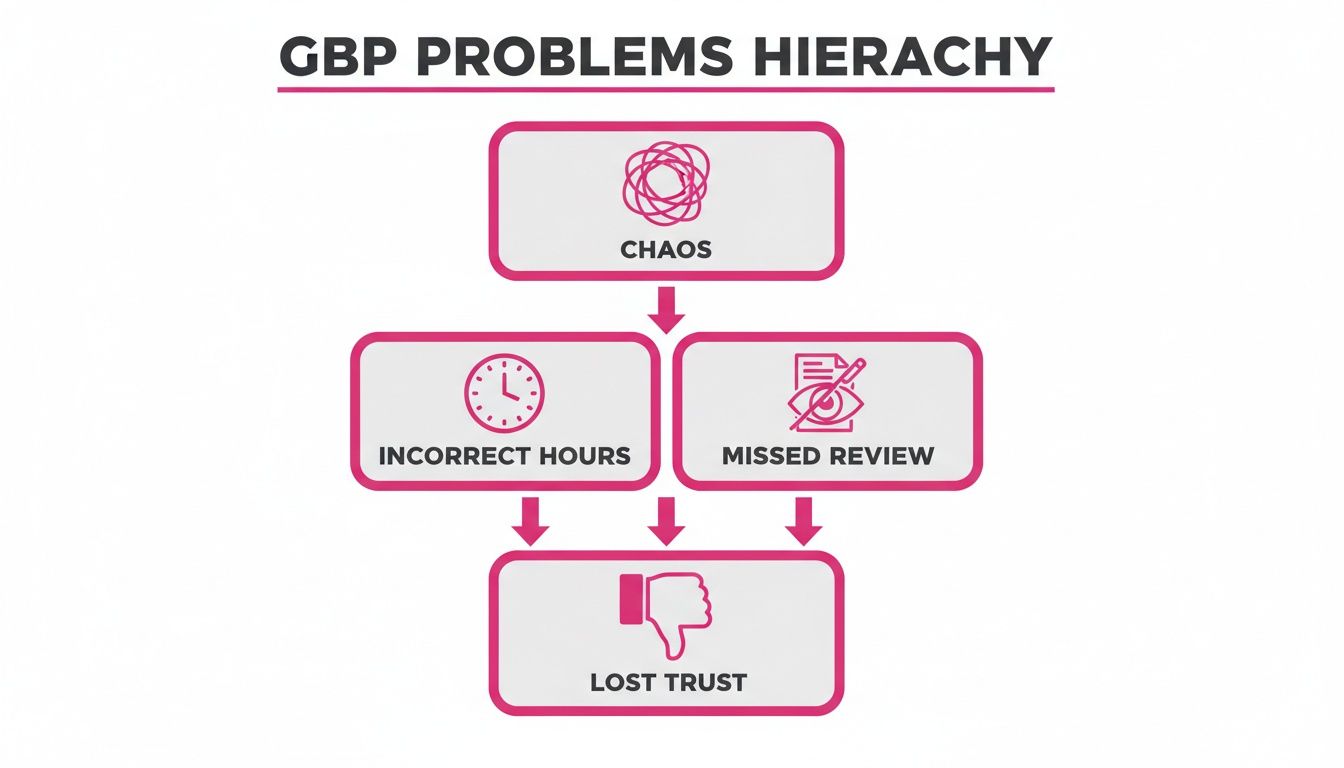 A hierarchy diagram showing GBP problems: Chaos leads to incorrect hours and missed reviews, resulting in lost trust.