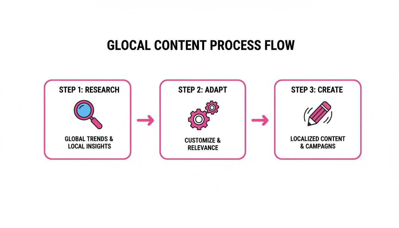 A three-step glocal content process flow: research global and local insights, adapt for customization, and create localized campaigns.