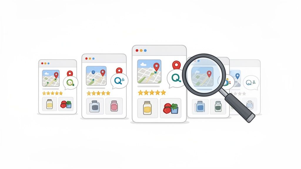 Illustration of multiple local business listings with maps, star ratings, products, and a magnifying glass for search.