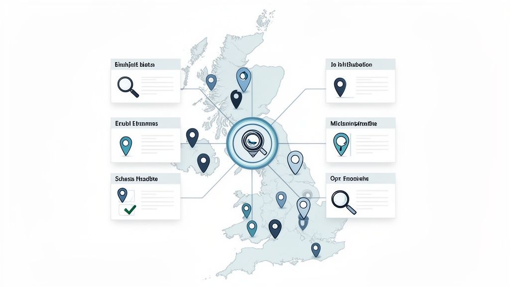 Map of the UK showing multiple location pins, data cards, and a central search icon.