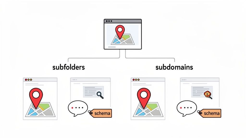 Diagram comparing subfolders and subdomains website structures for multi-location businesses and their schema markup.