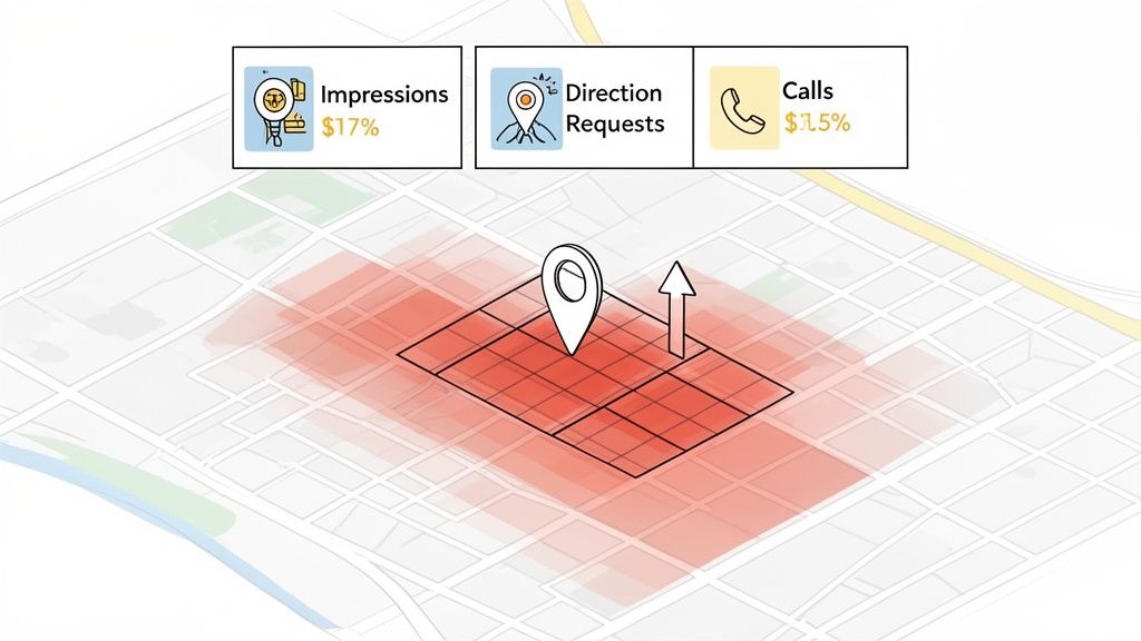 Map showing a location pin, a red heat map, and three boxes with local SEO metrics: Impressions, Direction Requests, and Calls.