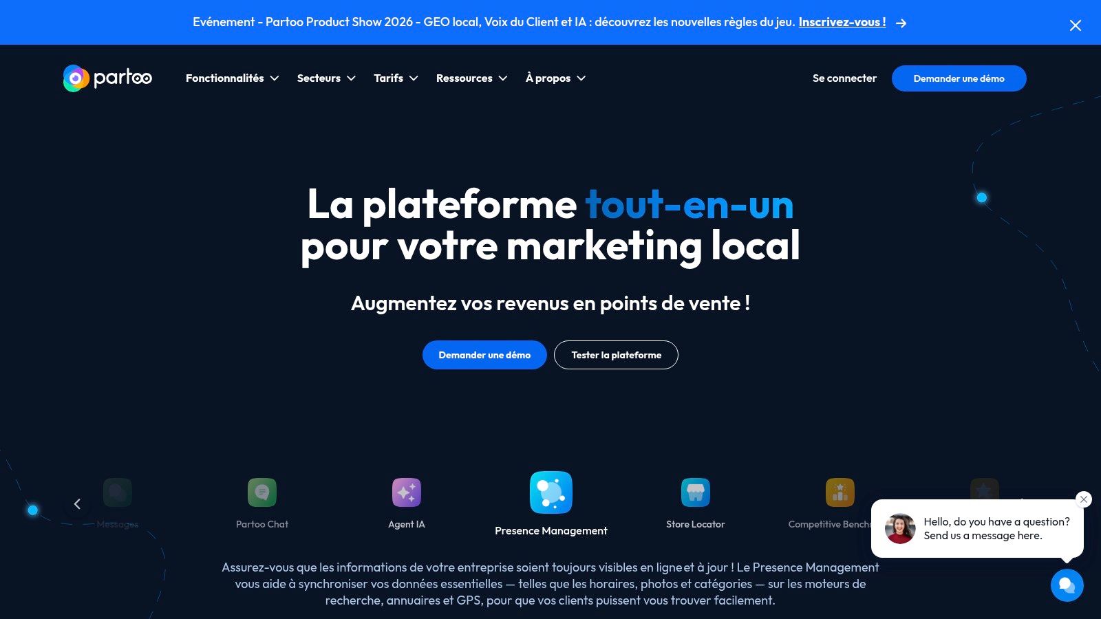 A screenshot of the Partoo interface, showing its presence management dashboard for handling multiple business locations and ensuring data consistency.