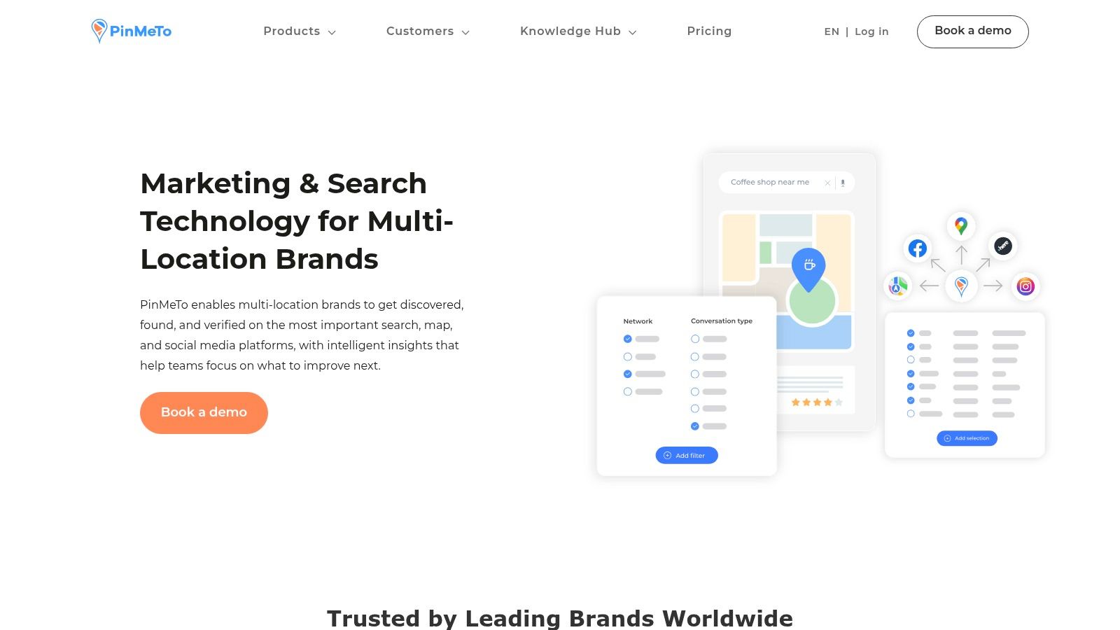 A screenshot showing the PinMeTo dashboard, which provides a centralised view of location management, listings, and social media for enterprise brands.