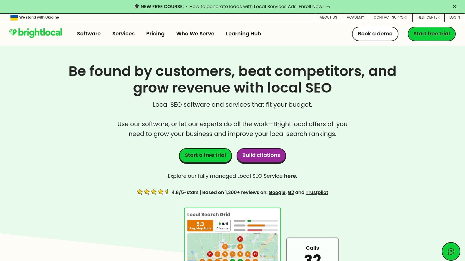 A screenshot showing the BrightLocal dashboard, highlighting its geo-grid rank tracking feature for multi-location SEO.