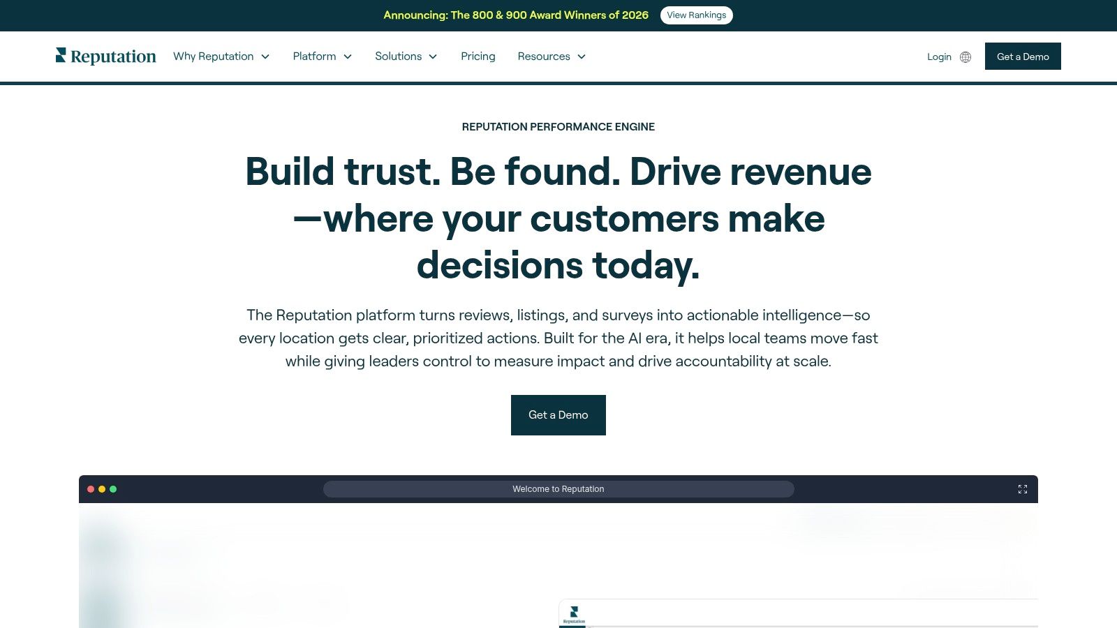 A screenshot of the Reputation platform homepage, showcasing its comprehensive customer experience tools for multi-location businesses.