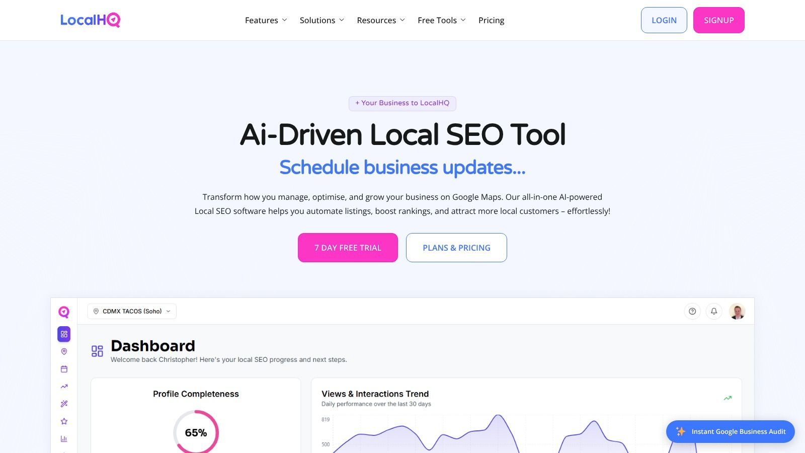 An image of the LocalHQ dashboard showing multi-location SEO analytics and reporting features.
