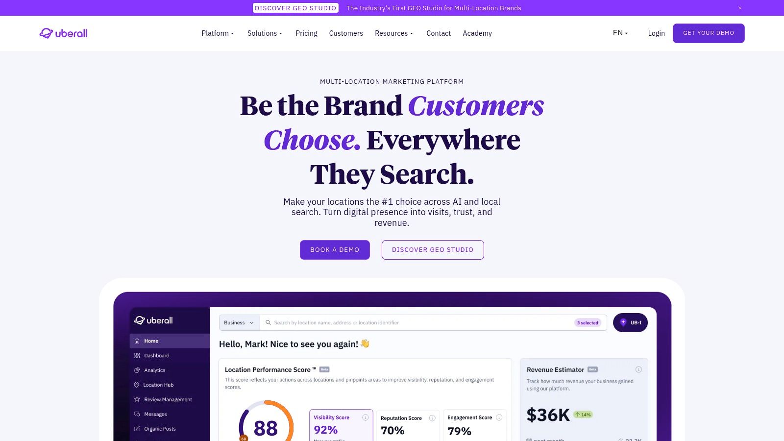 Uberall dashboard showing location performance metrics and insights for multi-location businesses.