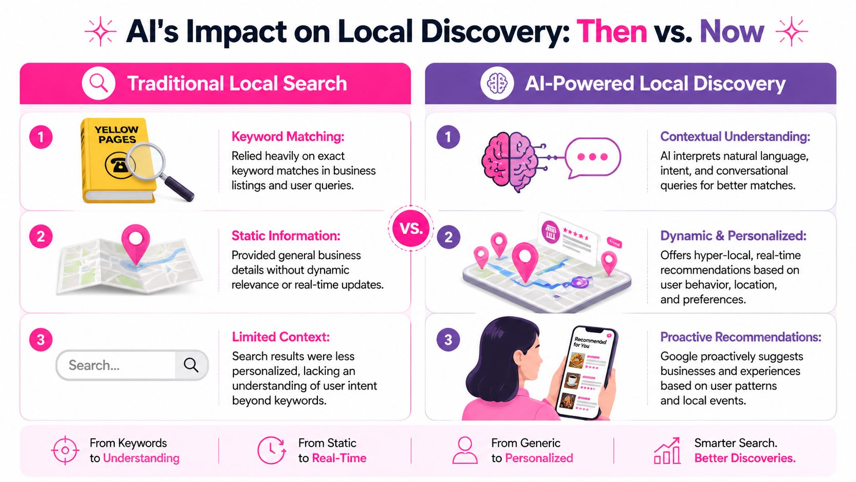 A comparison infographic showing how AI has evolved local search from manual keyword matching to personalized recommendations.