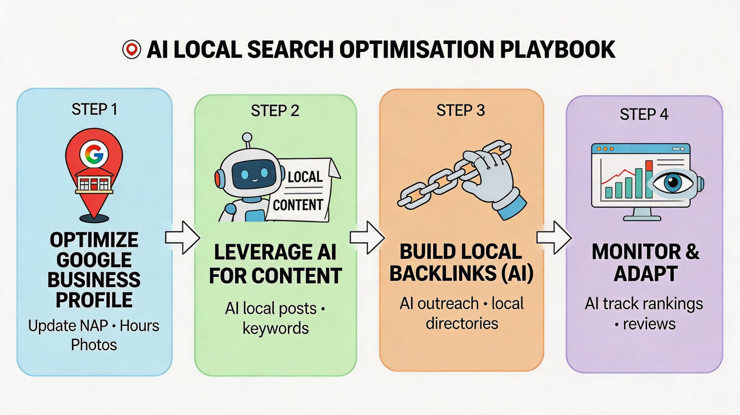 A four-step infographic illustrating a strategy for optimizing local search results using artificial intelligence tools.