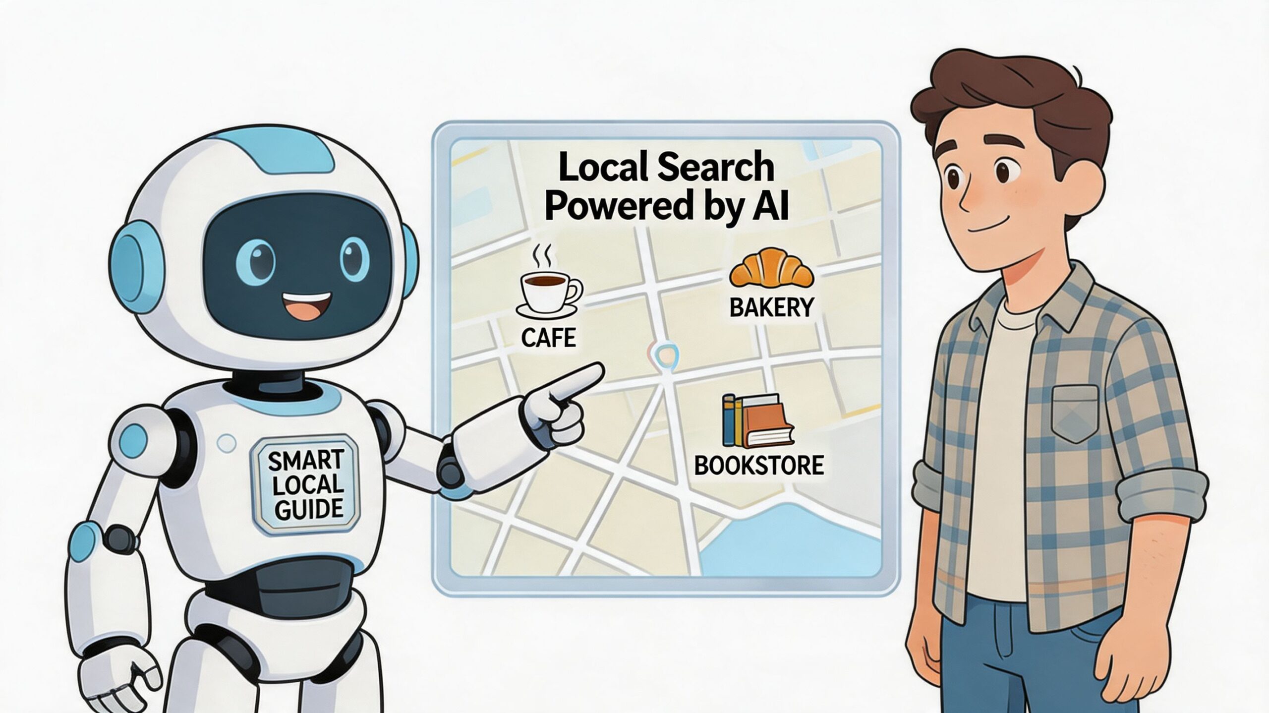 A friendly robot assistant pointing at a map on a screen to help a young man.
