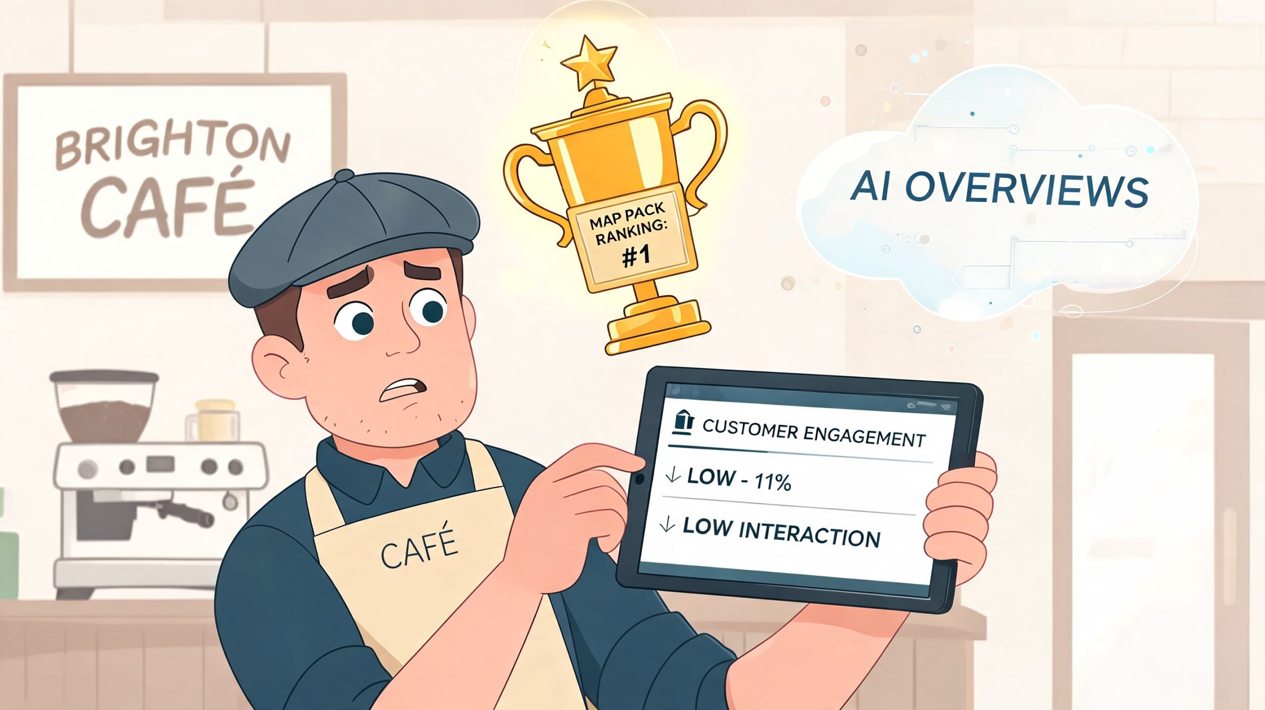 A confused cafe owner looking at a tablet showing low customer engagement despite a top map ranking.