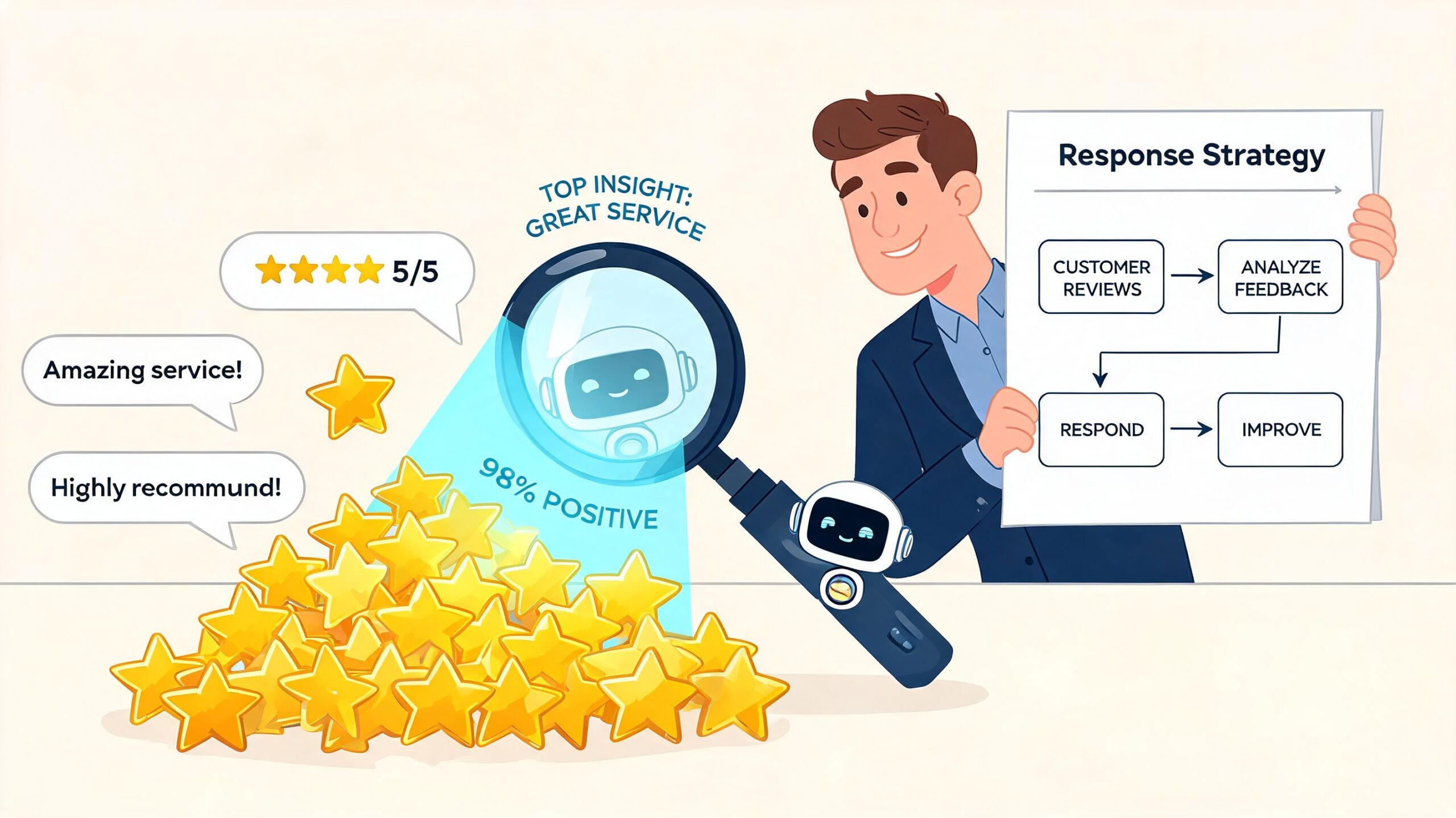 A professional using AI tools to analyze customer feedback and improve business response strategies with positive ratings.
