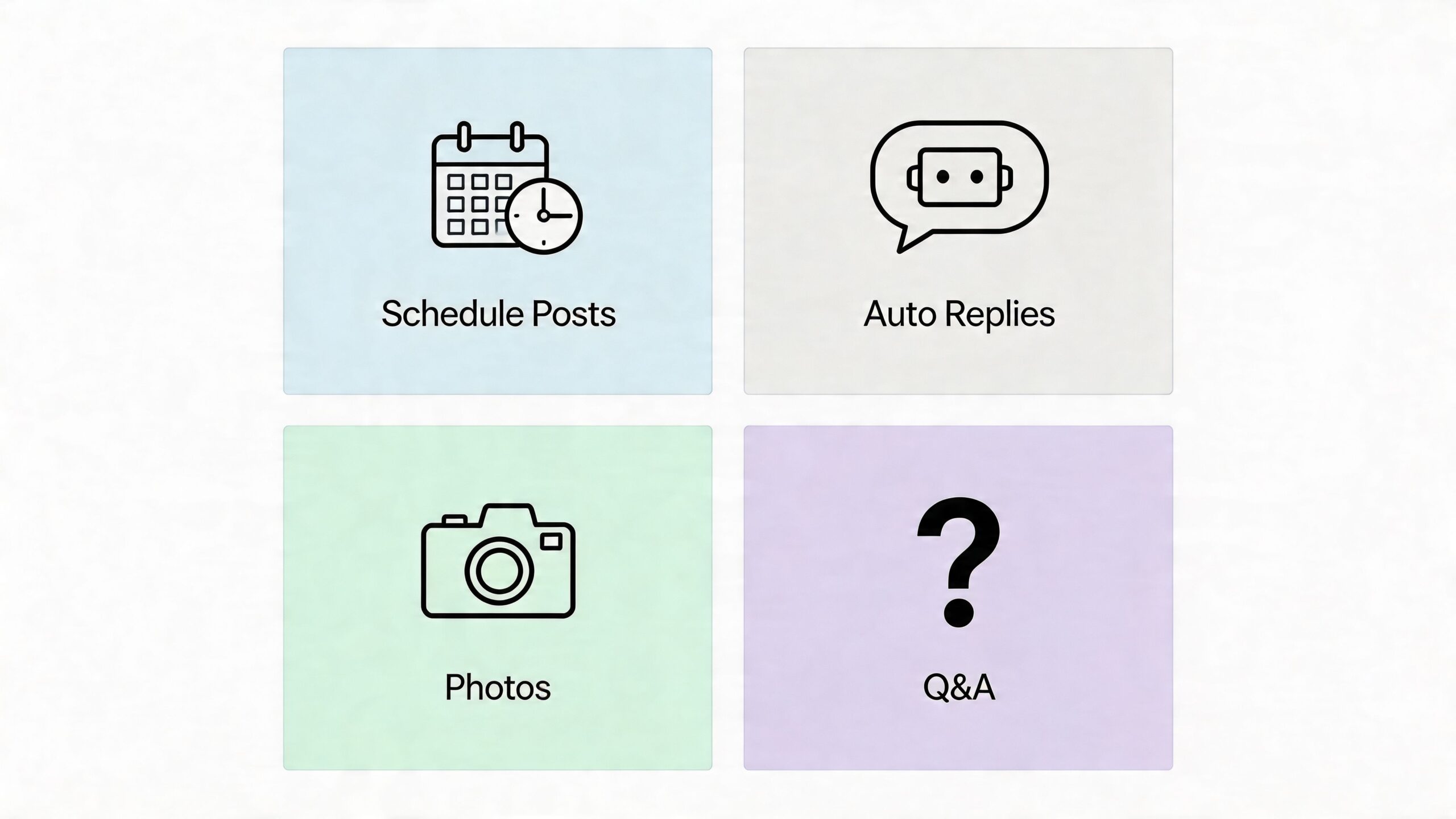 A grid of four colorful squares showing icons for scheduling posts, automated replies, photos, and Q&A features.