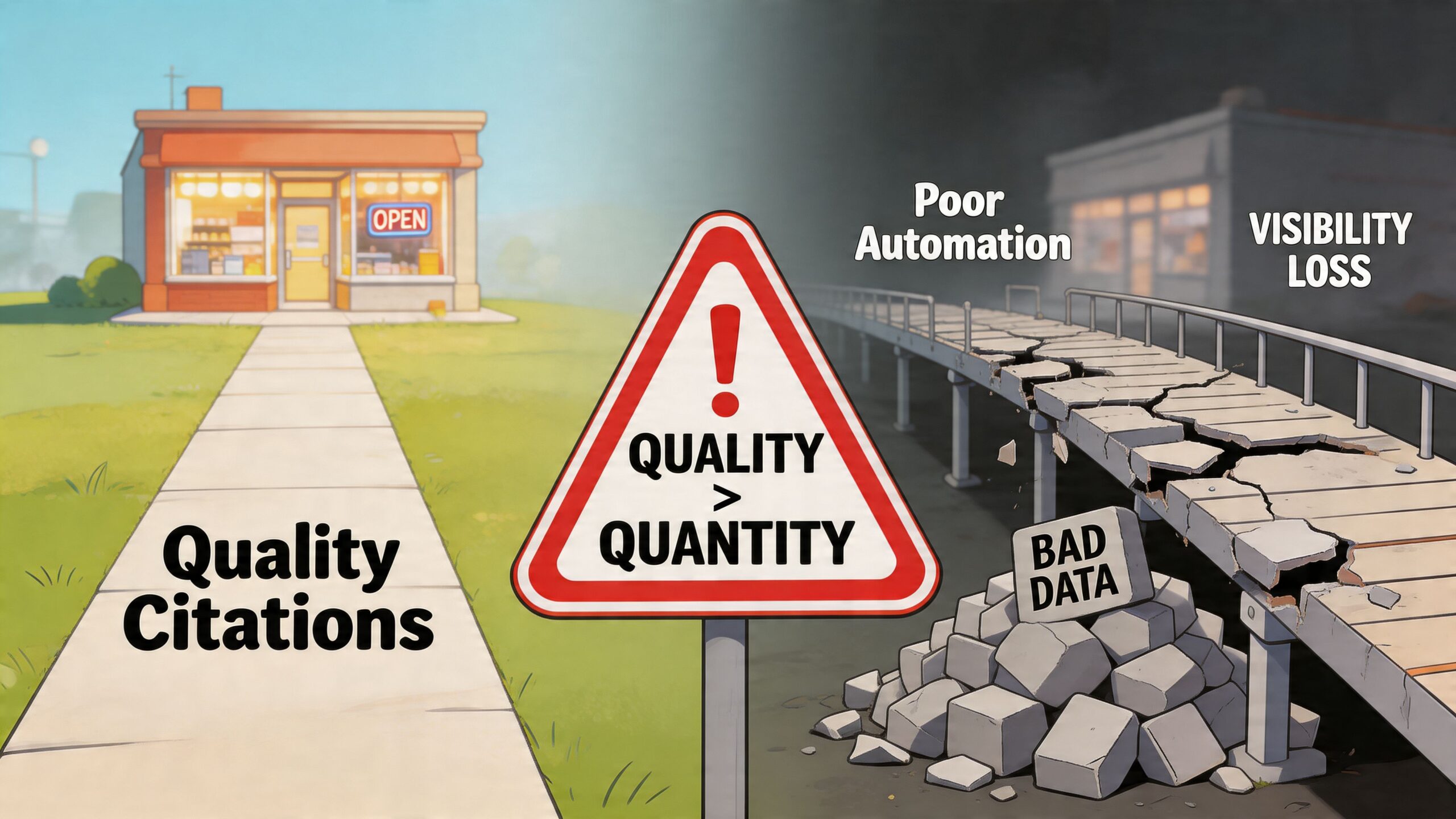 A visual comparison between high-quality business citations leading to growth versus poor automation causing data-related visibility loss.