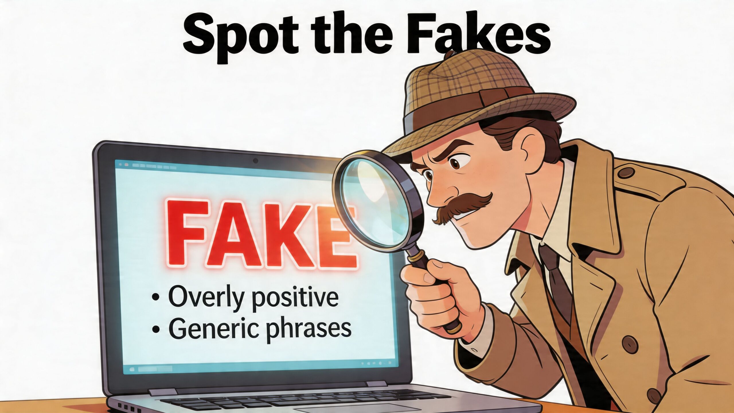 A detective examines a screen displaying fake review warnings with a magnifying glass.