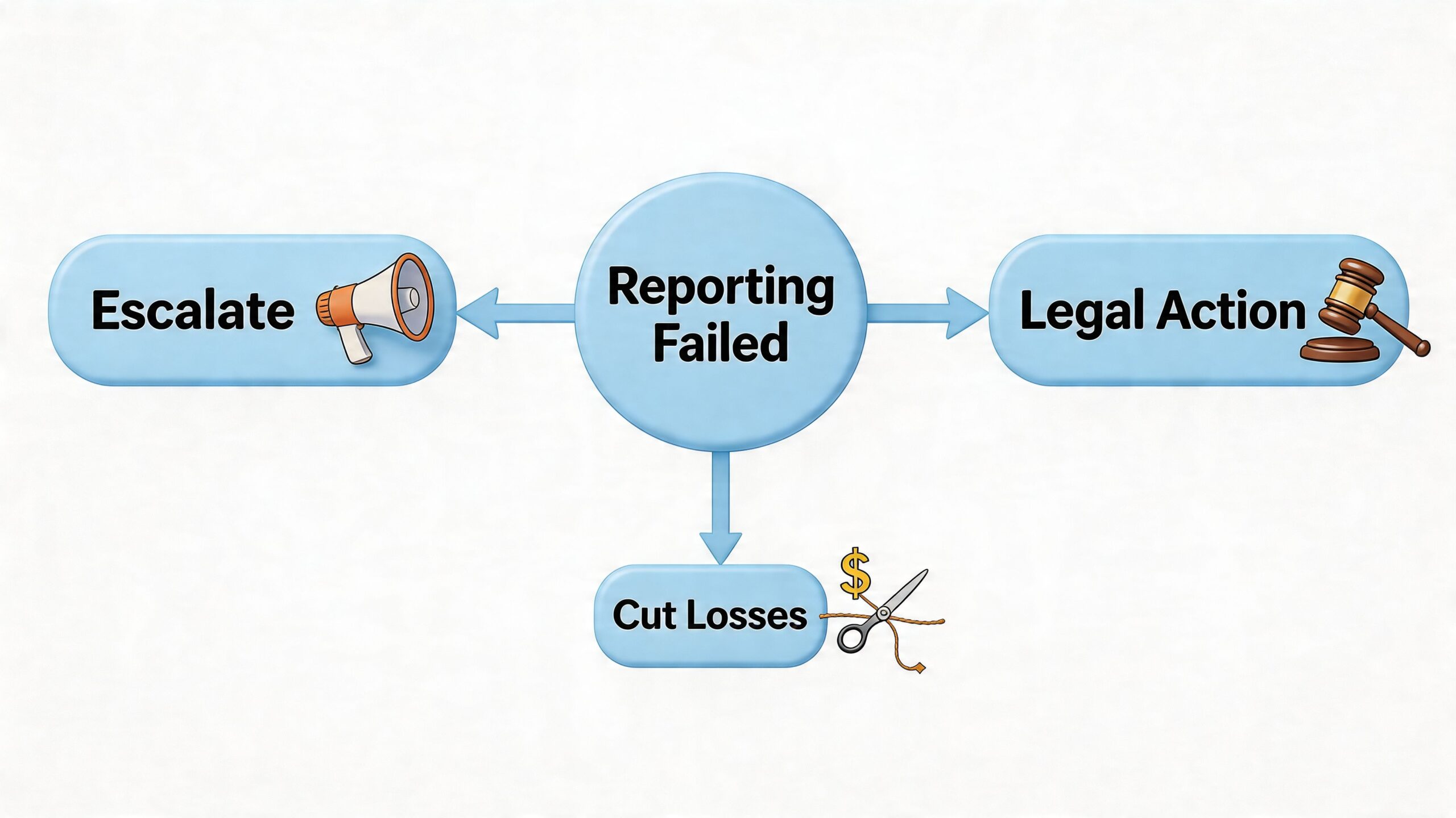 A diagram illustrating the three options when reporting fails: escalate, take legal action, or cut losses.