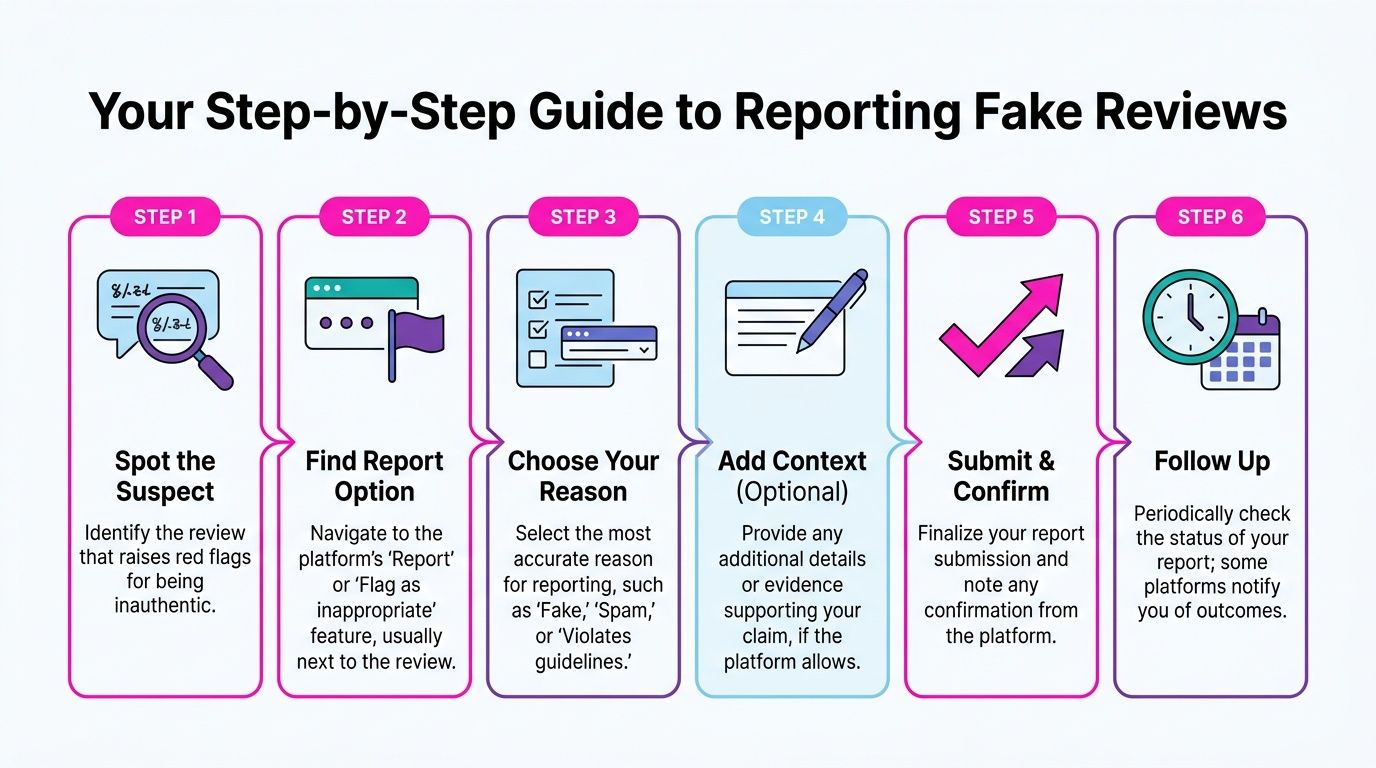 A six-step infographic guide illustrating the process of reporting fake reviews on online platforms.