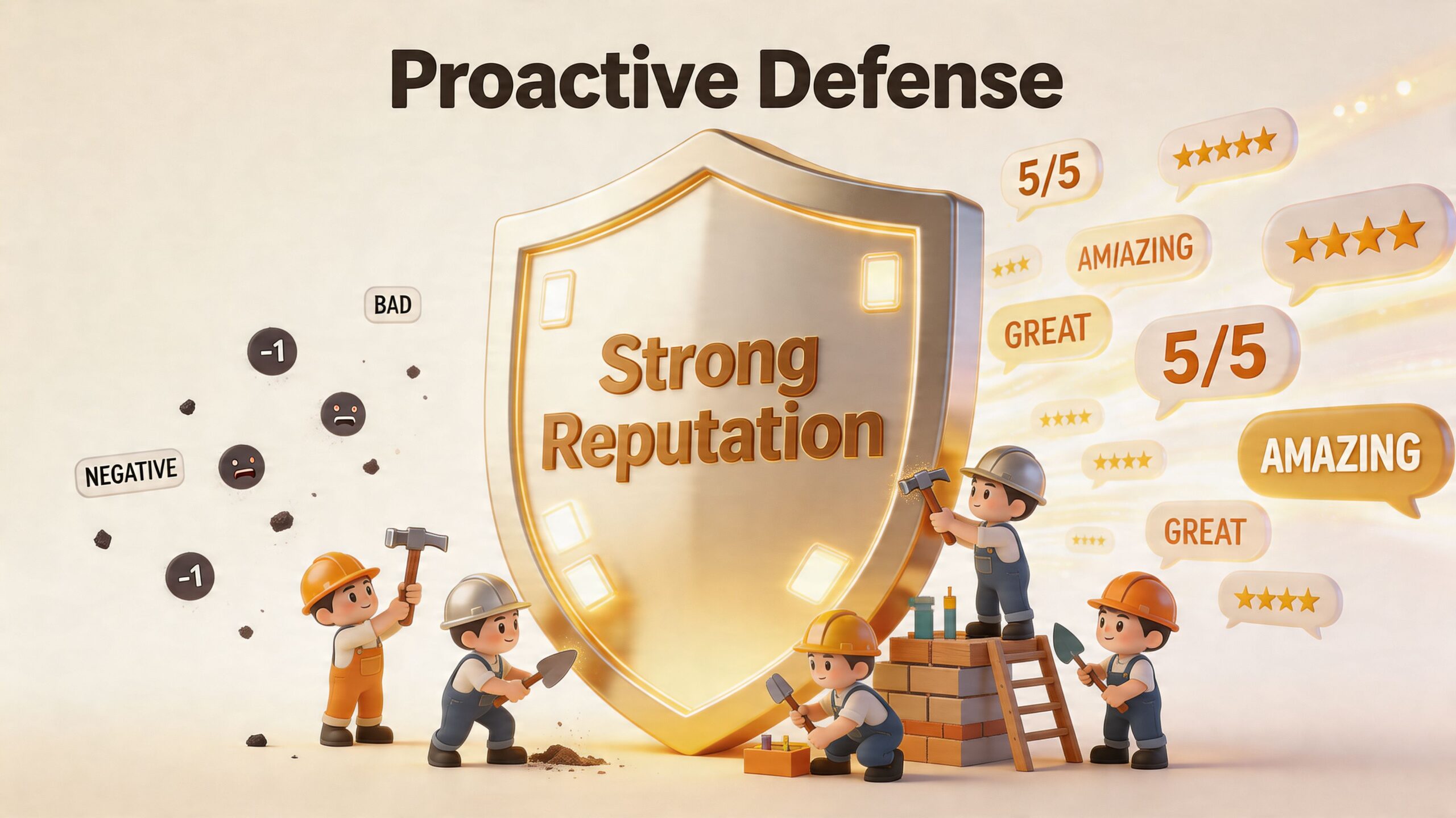 Tiny workers building a protective golden shield for a strong company reputation against negative online reviews.