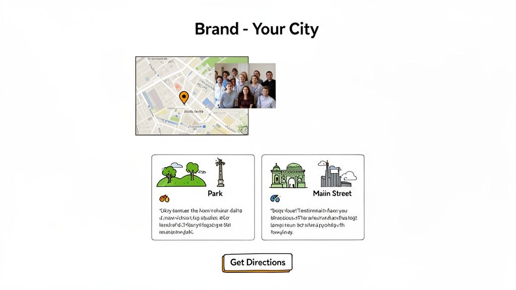 A city branding image with a map, people, park, Main Street landmarks, and 'Get Directions' button.