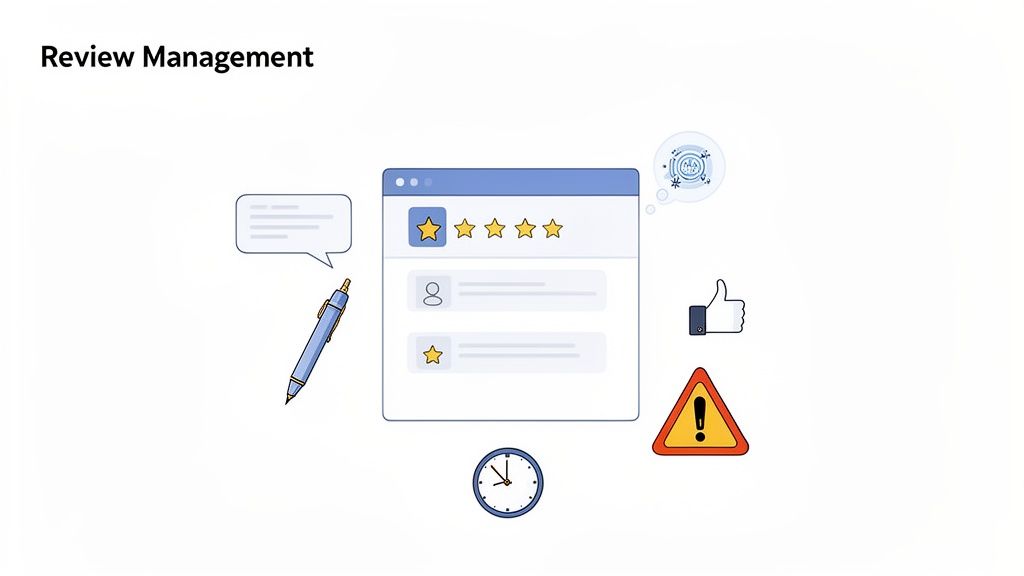 A graphic showing a digital review management interface with stars, a pen, a clock, and alert symbols.