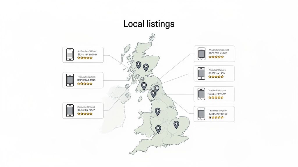 Map of the United Kingdom showing local business listings with mobile phone icons and high star ratings.