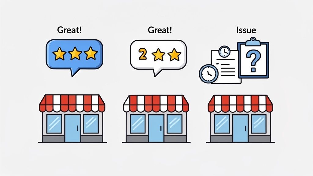 Three storefronts paired with icons showing positive customer ratings (stars) and an unresolved business issue.