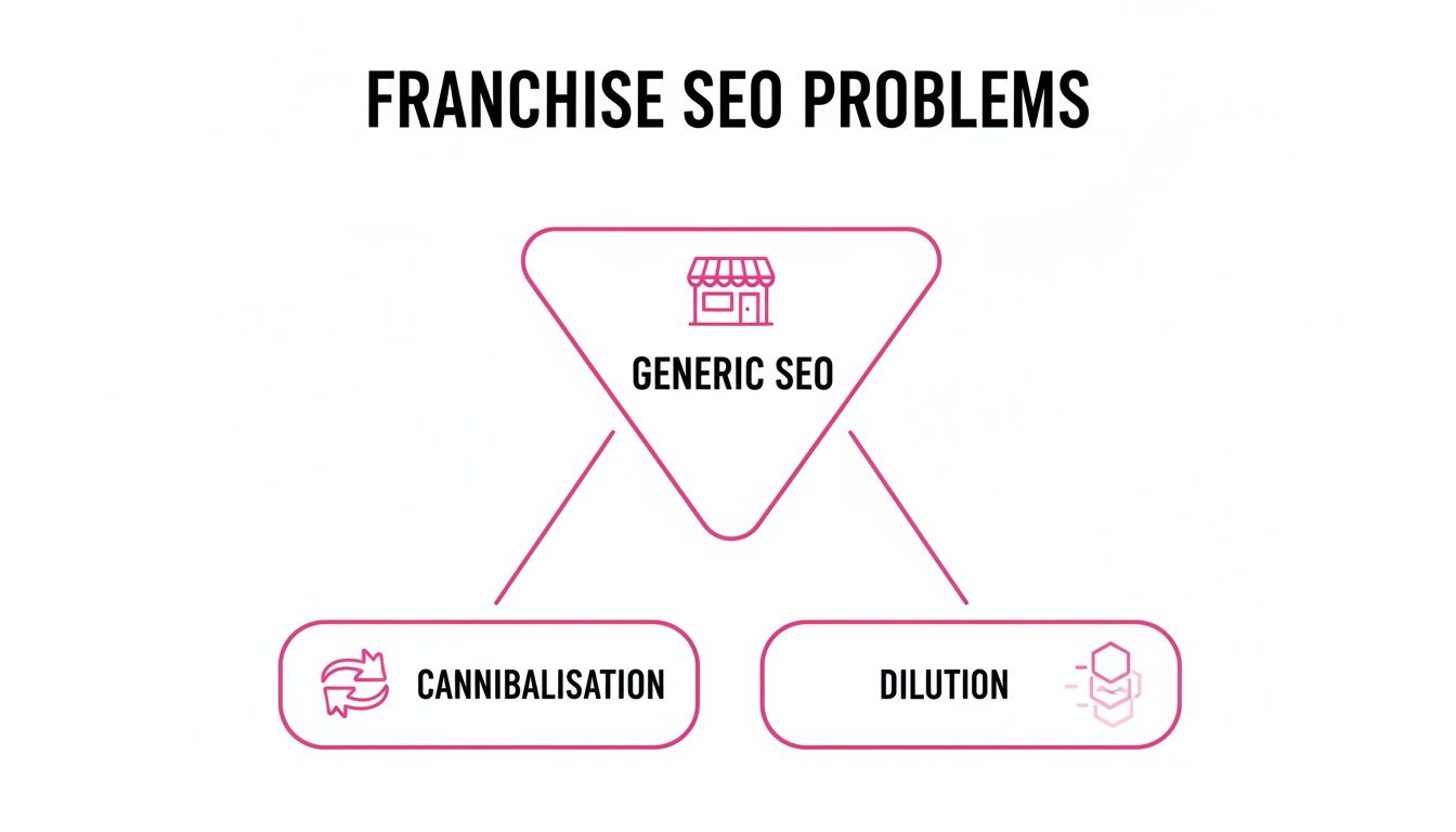 A diagram illustrates franchise SEO problems: generic SEO leads to cannibalisation and dilution.
