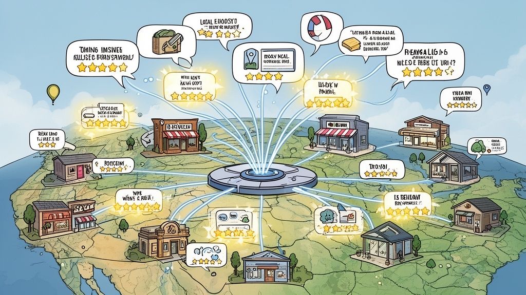 A central hub on a stylized map connects various retail store locations with star-rated customer service reviews.