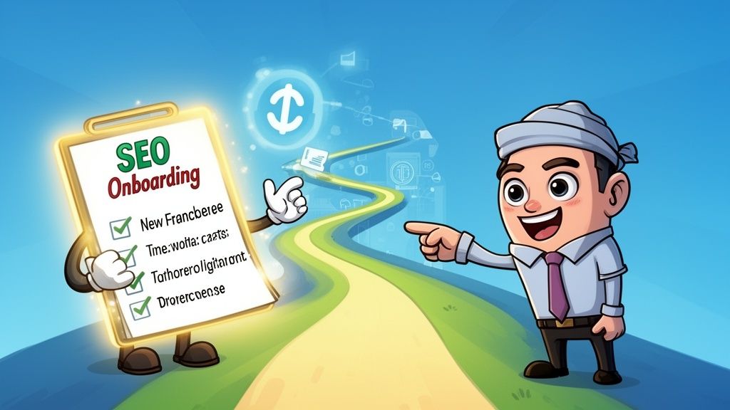 A cartoon character points at a checklist titled SEO Onboarding for a new franchisee business owner.