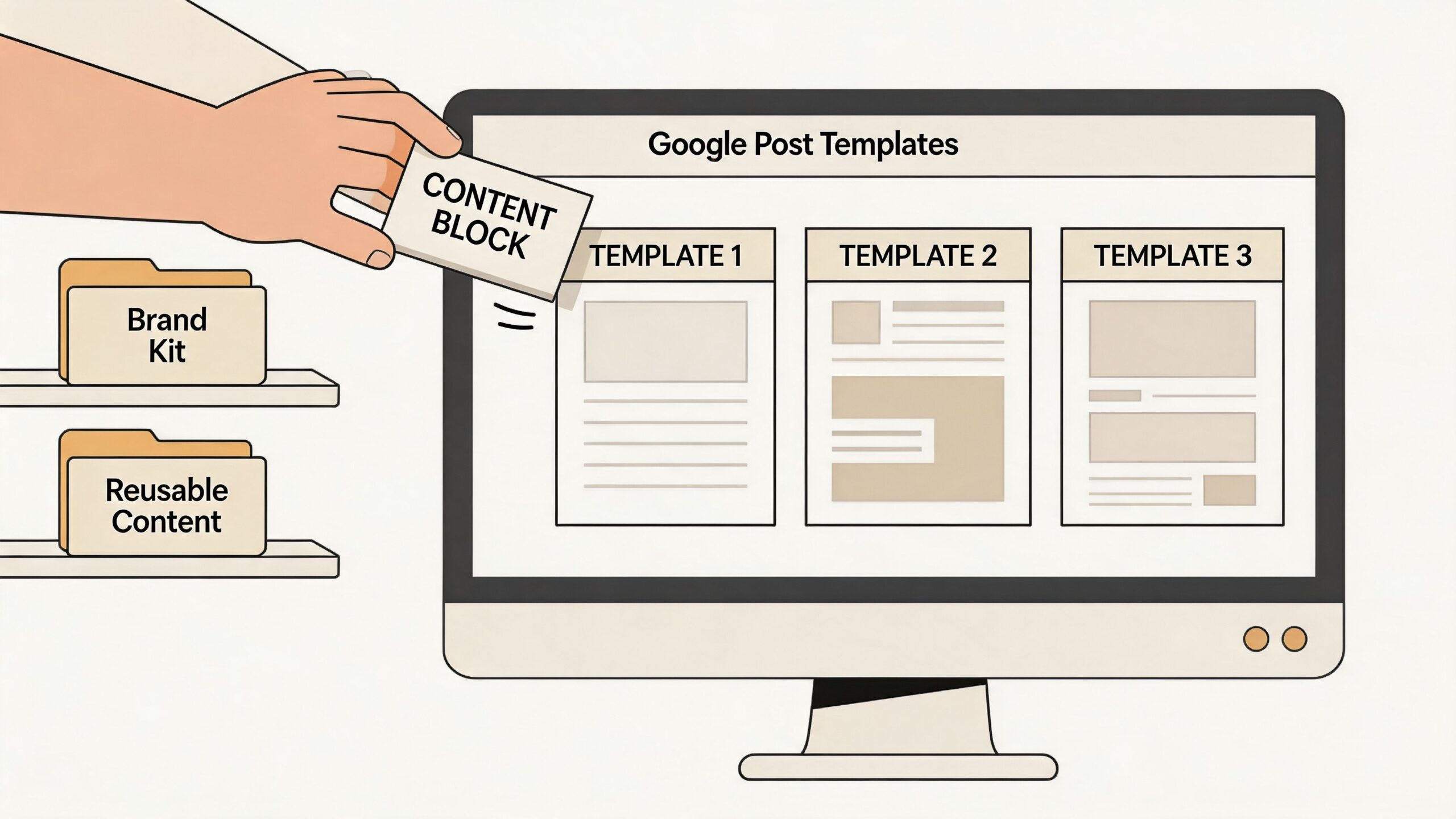 A hand placing a content block into a computer screen displaying various Google Post templates.