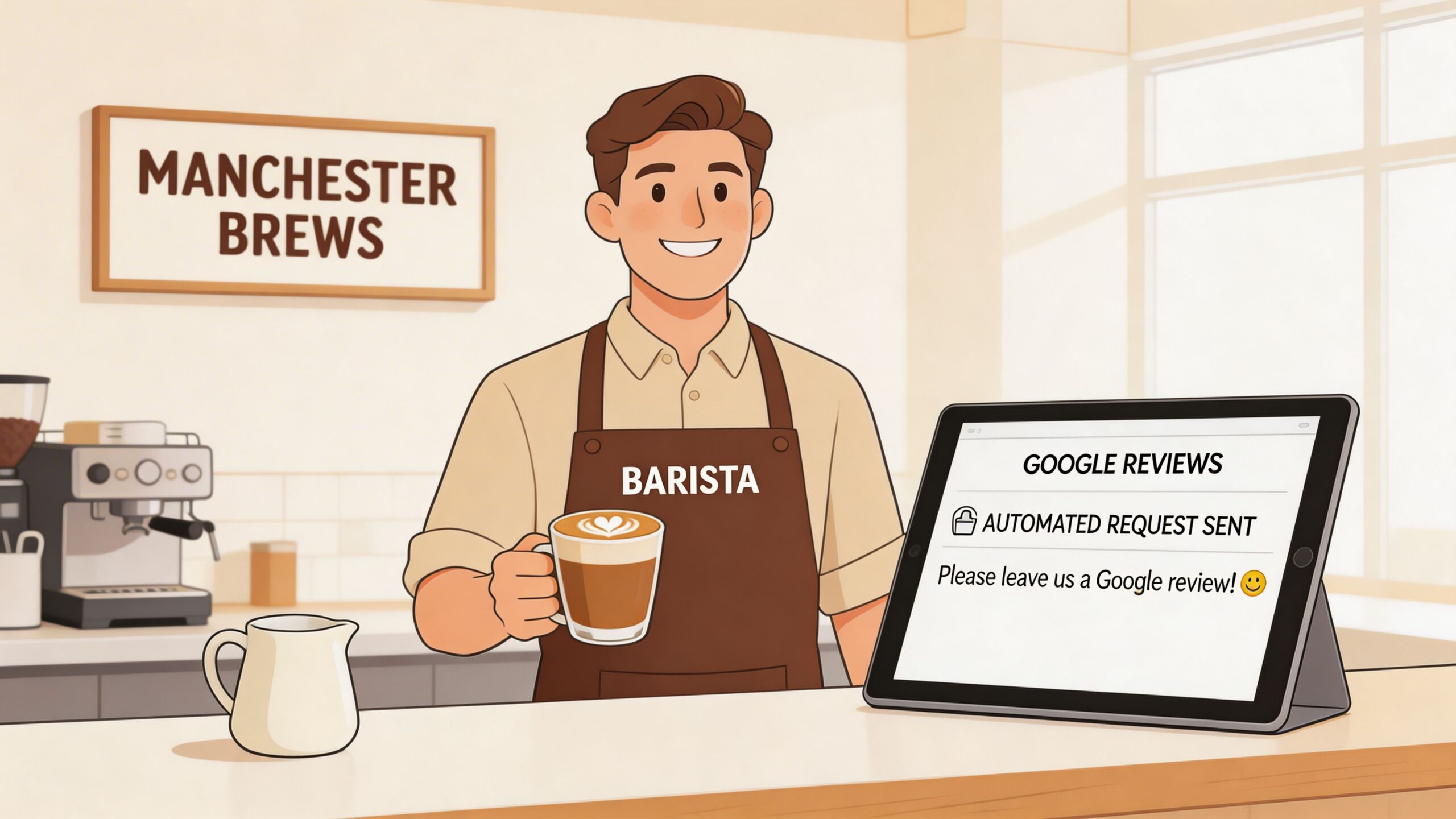A friendly barista in a coffee shop holding a cup of latte next to a tablet showing a Google review request.