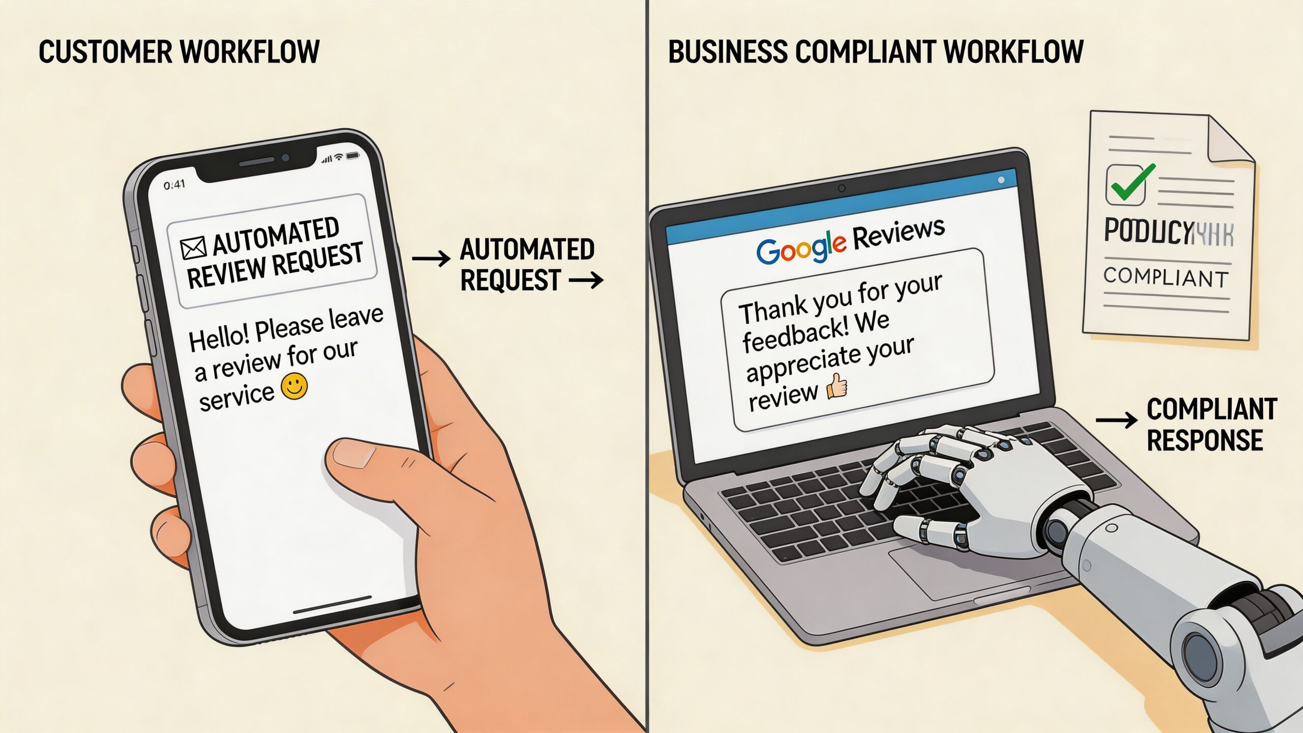 A split graphic showing an automated customer review request on a smartphone and a robotic response on a laptop.
