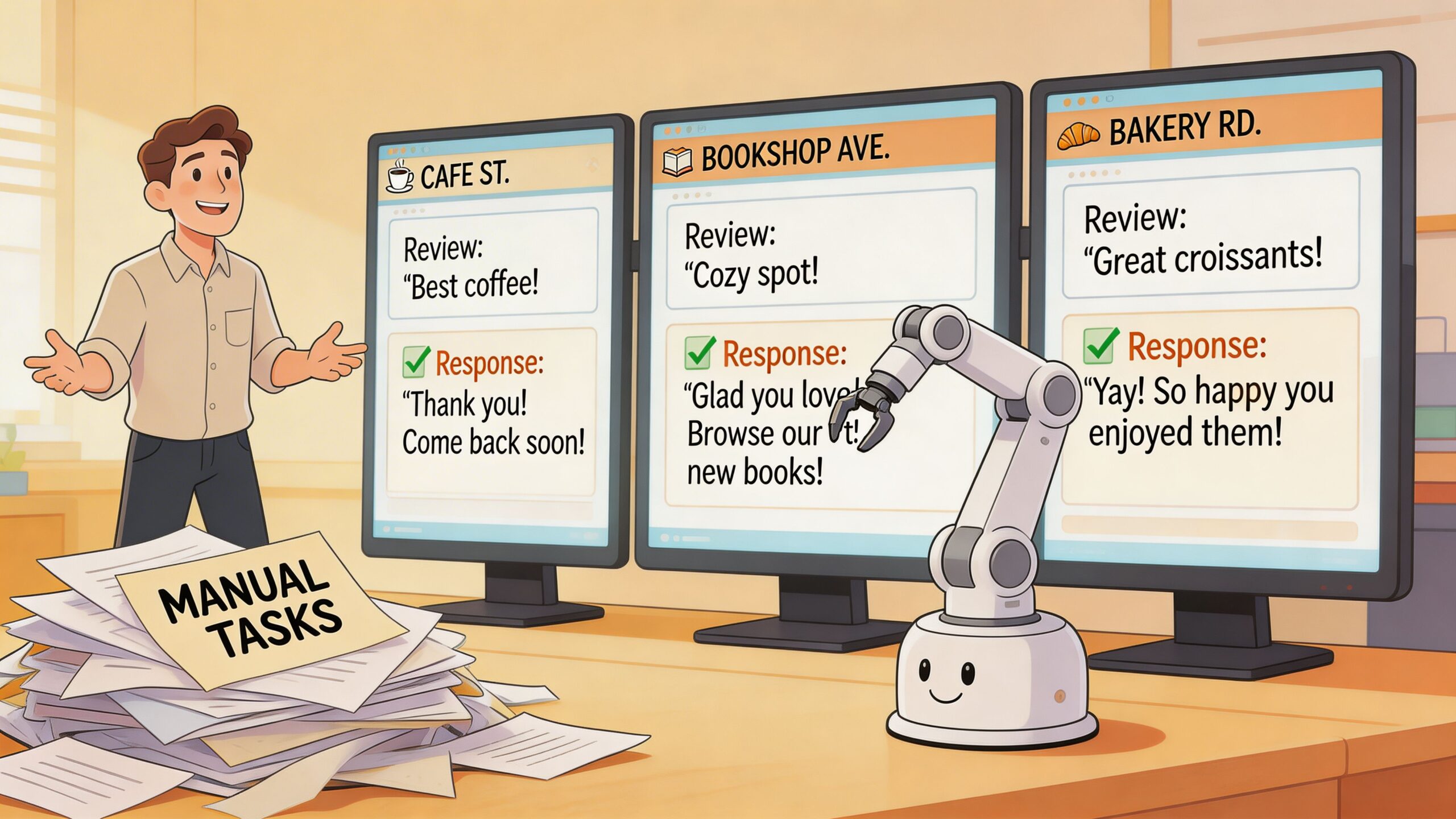 A person and a robotic arm managing Google reviews for three different businesses on computer screens.