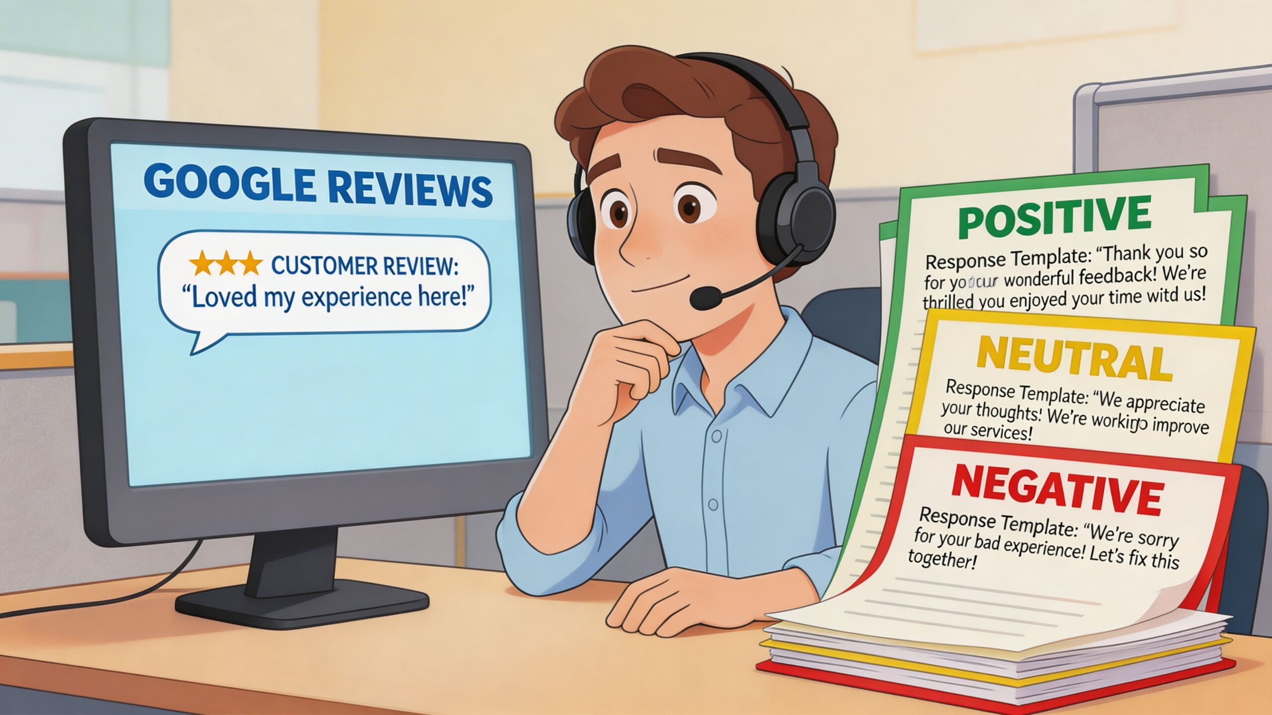 A customer service representative reviewing customer feedback with response templates for managing different types of online reviews.