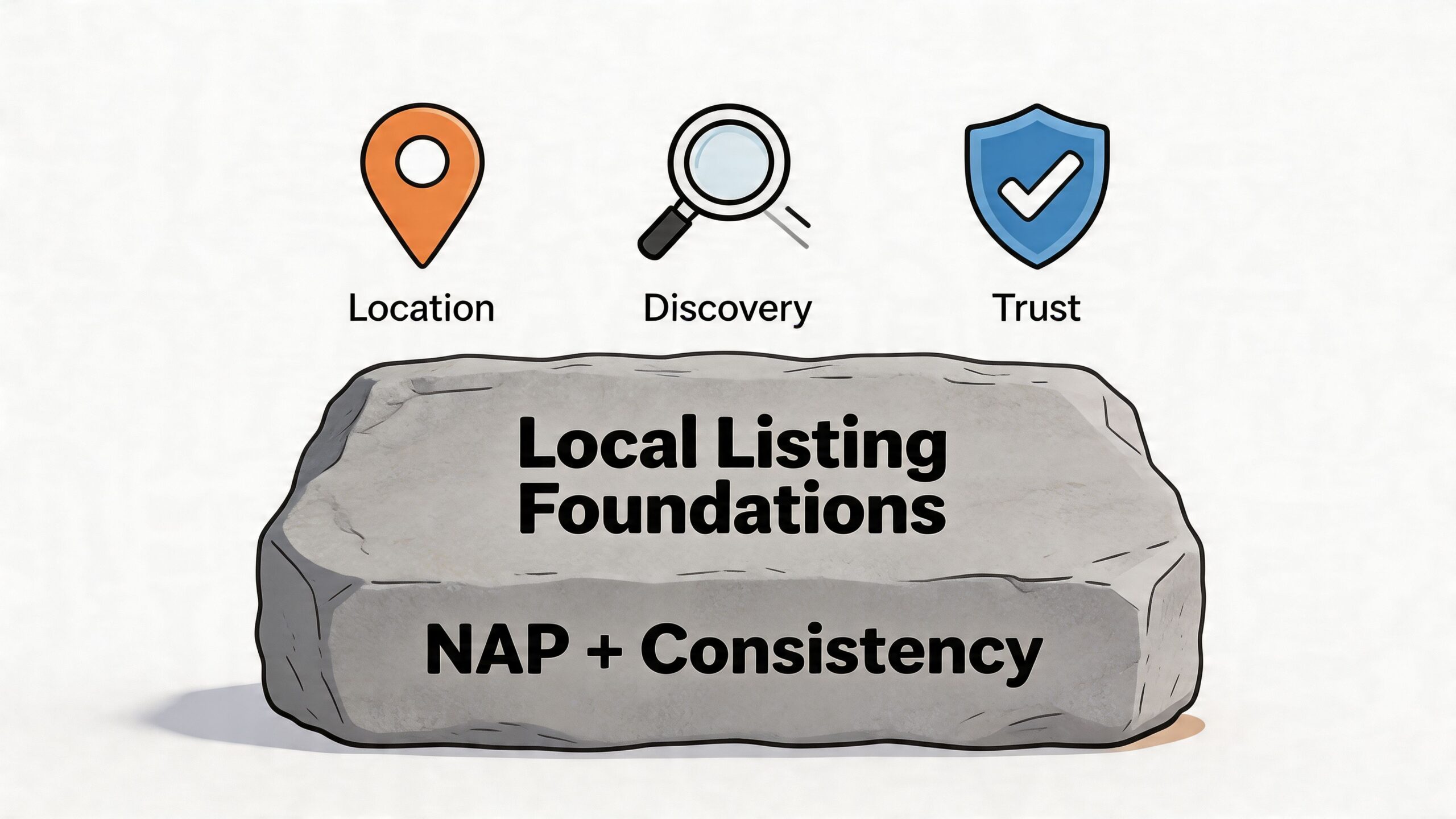 An illustration of a stone block labeled Local Listing Foundations and NAP plus Consistency with location, discovery, and trust icons.