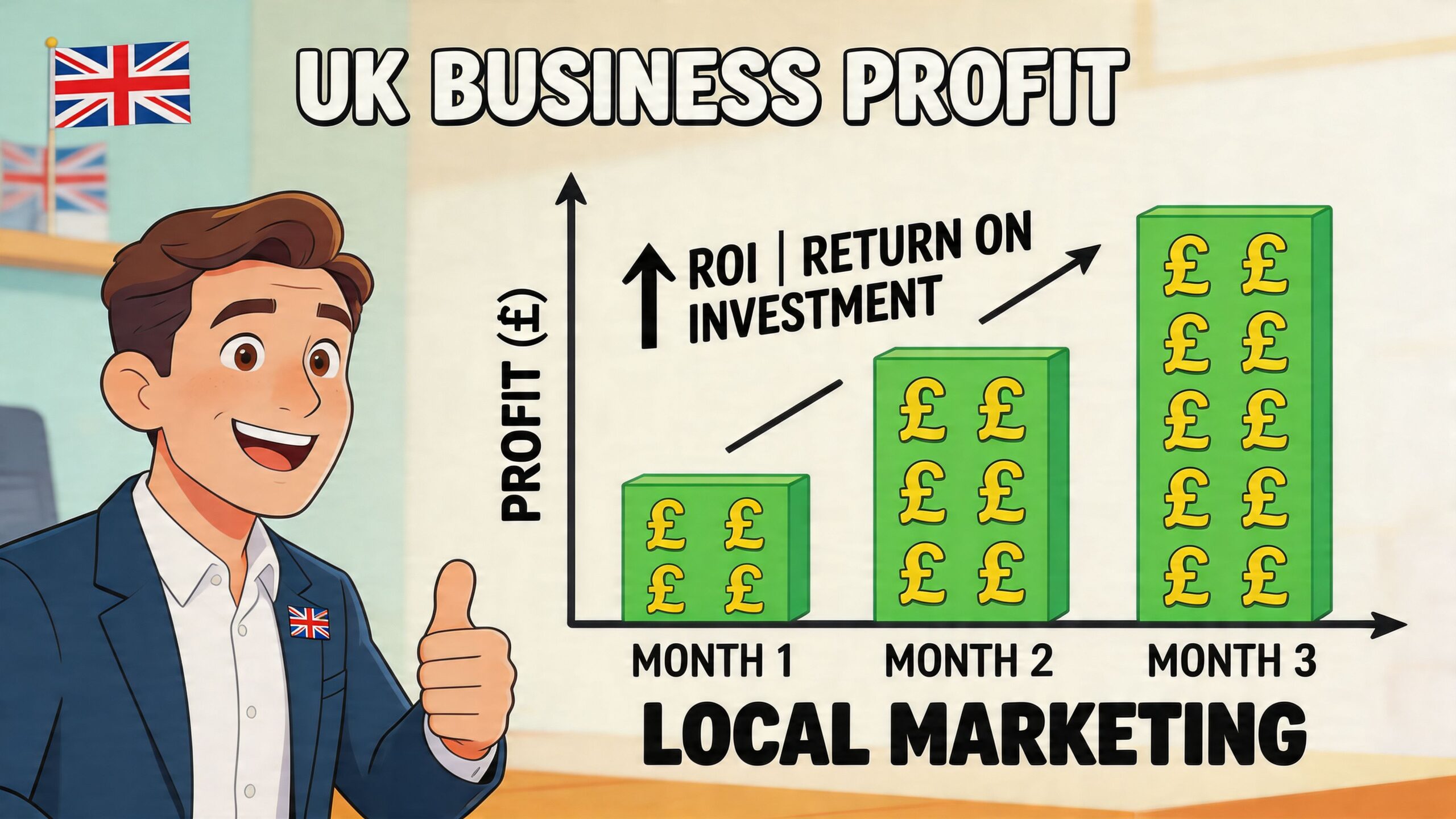 A happy businessman giving a thumbs up next to a bar chart showing rising profit and ROI.
