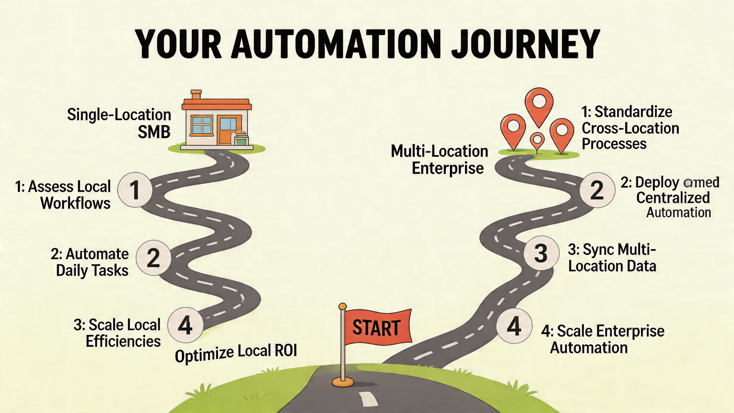 A diagram illustrating the automation journey from single-location SMBs to scaled multi-location enterprise workflows.