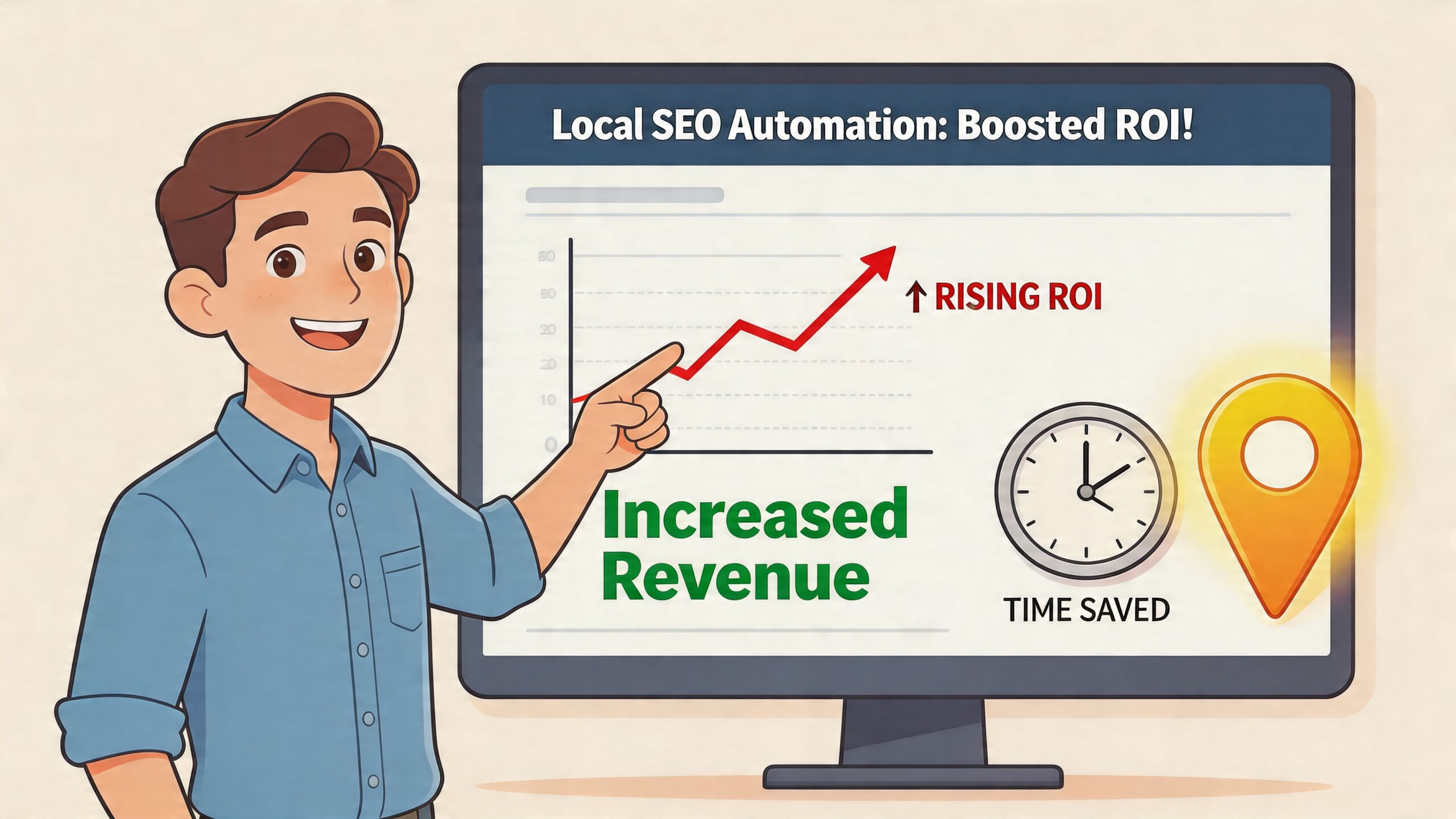 A smiling young man presenting a chart on a screen showing rising ROI and local SEO automation benefits.