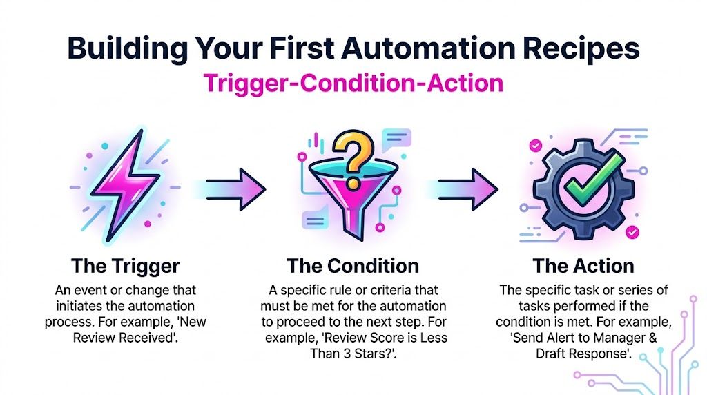 A diagram explaining automation recipes using the three steps of trigger, condition, and action in business.