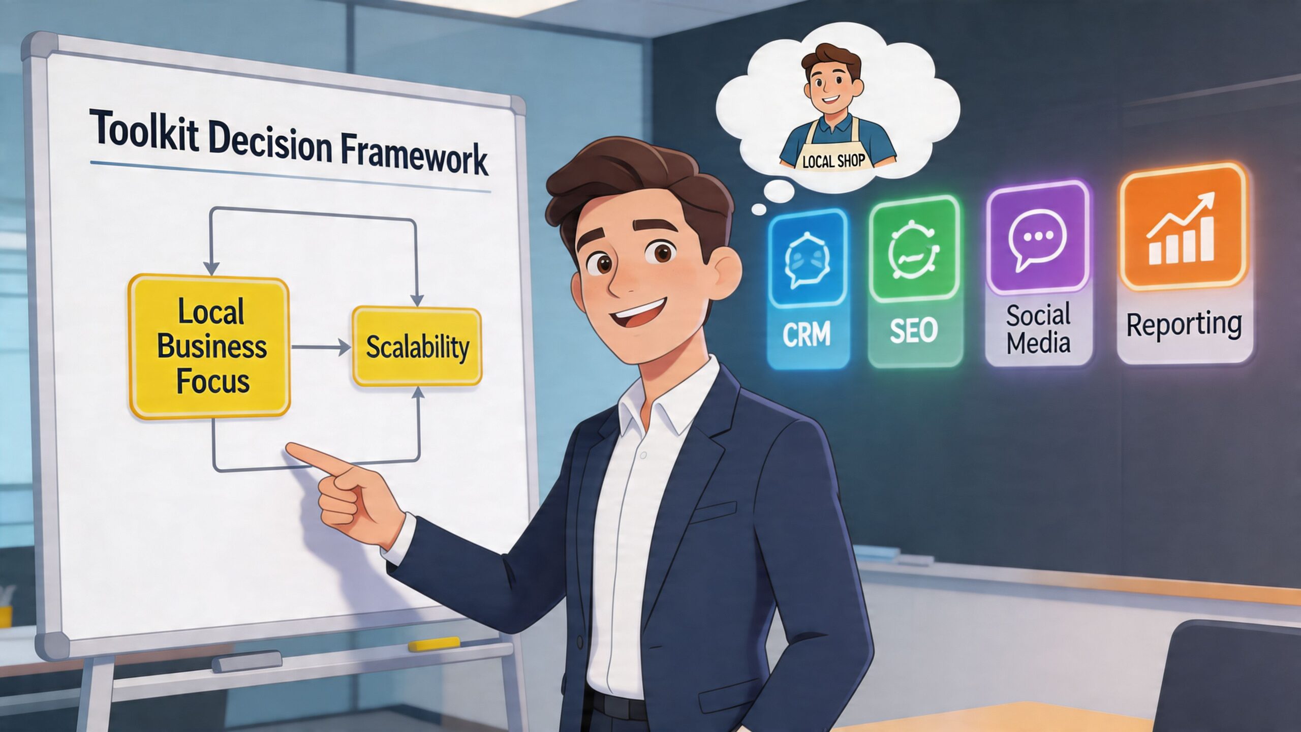 A professional man explaining a business toolkit framework chart about local business focus and marketing scalability strategies.