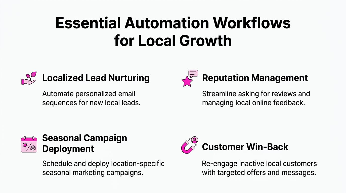 A graphic infographic listing four essential automation workflows for local business marketing growth and customer management.