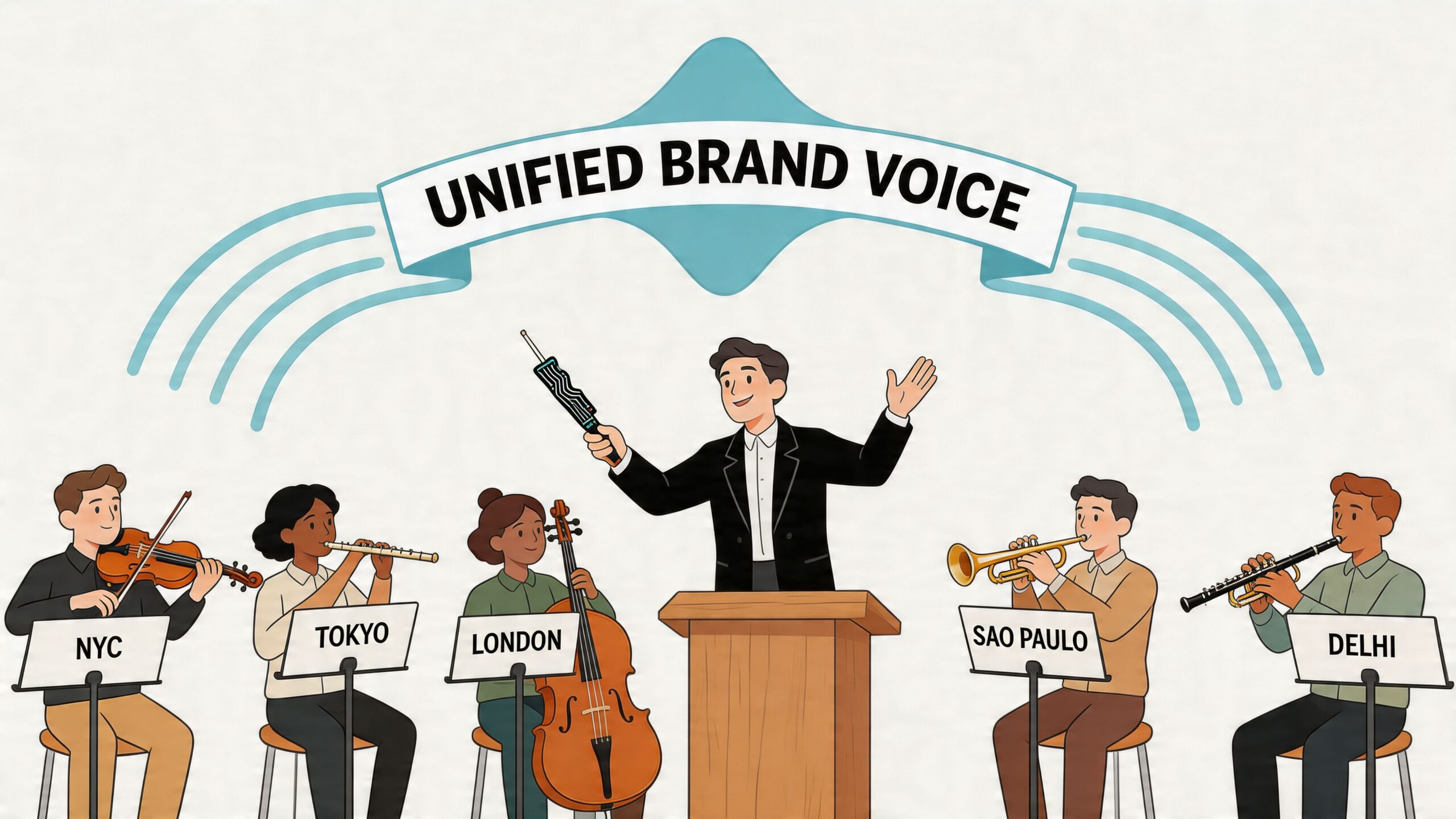 A conductor leading an orchestra where musicians represent different global cities with a unified brand voice.
